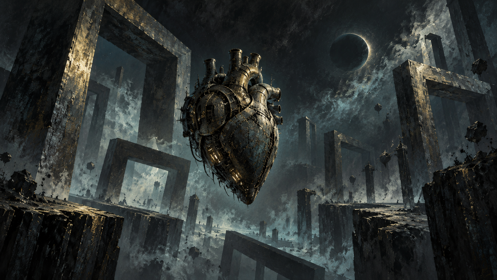 A mechanical heart floating between immense broken structures in space